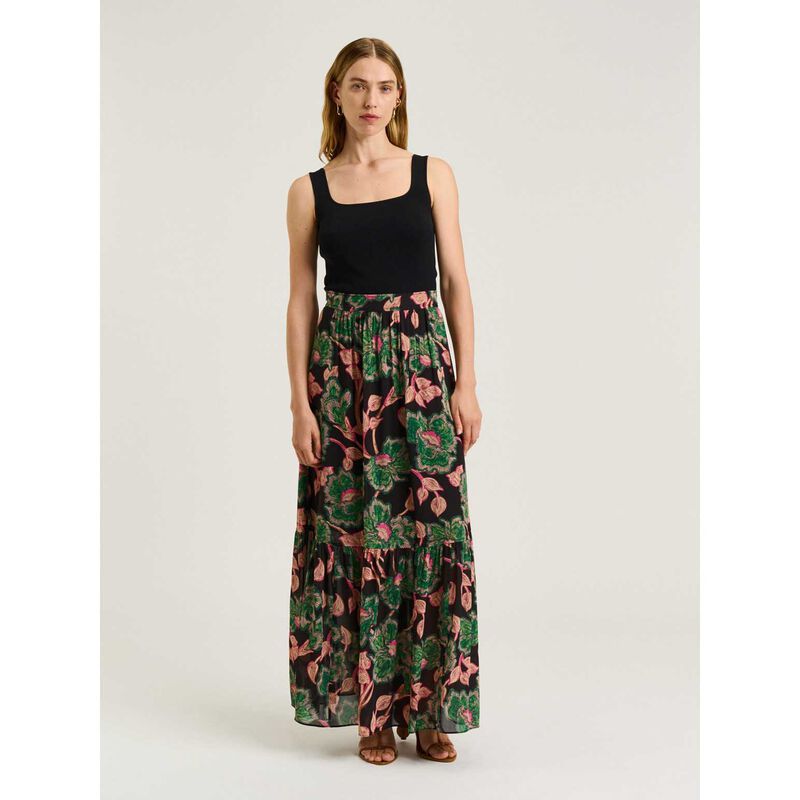 Veronika Maine Noir Batik Bloom Georgette Tiered Maxi Skirt image number 3